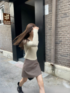 NIHAOKANONG | Chân Váy Lông Cừu A-Line Đai Cao Herringbone Thu Đông