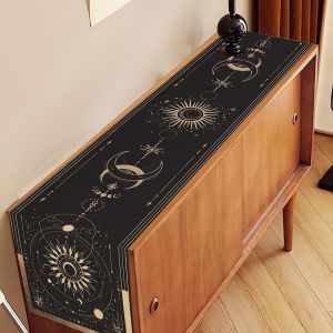 VIKAMA Boho Celestial Sun Moon Table Runner Black Gold Star Phases Huyền Bí Chiêm Tinh Học Trang Trí Bàn Ăn Cho Nhà Bếp Tiệc Cưới
