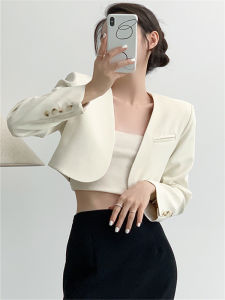 Elegant Short Suit Jacket Womens Black Open Cardigan Style Fashionable Commute Polyester Blend Long Sleeve Slim Fit Coat