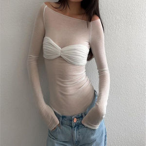 Mesh Sheer Off-Shoulder Top Shirt For Women New Long Sleeve See-Through Lace Knit Pullover Tops Summer Mesh Top Tee Shirt
