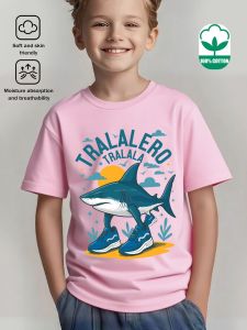 Bandai | Boys Cotton T-Shirt Retro Italian Shark Cartoon Print Round Neck Short Sleeve Tops Kids Breathable Casual Summer Tees