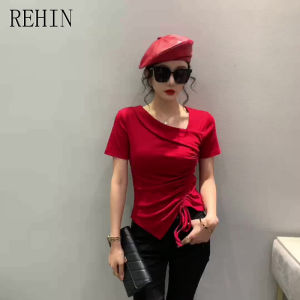 REHIN Womens top Summer new irregular short-sleeved T-shirt with drawstring design slim-fit S-3XL fashionable blouse