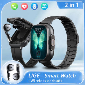 LIGE Original Bluetooth Call with TWS Earphones and NFC Smart Watch Men Heart Rate Health Fitness Tracker Sport Modes Watches Jam tangan pintar lelaki