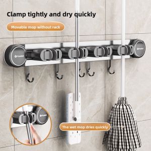 MONLEYTA | Broom Holder Wall Mounted Suction Cup Bathroom Door Back No Drilling Sweep Cloth Hook Fixed Storage Shelf Organizer Tool
