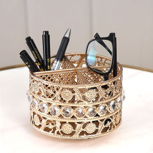 Elegant Iron Art Pen Holder Rotating Home Coffee Table Desk Organizer Remote Control Storage Bucket Desktop Decoration