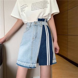 ผู้หญิง กระโปรง ยีนส์ กางเกงขาสั้น แถบ กางเกงแยกผิดปกติ สีกันลาย สีน้ำเงิน สีเทียม เปิดหลายขีดเลือด