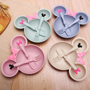 3Pcs/set Cartoon Baby Bowl Tableware Set Wheat Straw Childrens Dishes Kids Dinner Feeding Plate Bowknot Food Plate Spoon Fork
