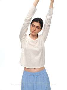SHEITAOZI | V-neck Long Sleeve Loose Linen and Tencel T-shirt