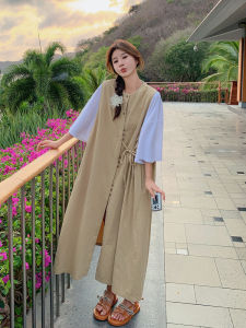 Khaki Two-Piece Set Dress Womens Summer Casual Design Sensation Loose Waist A-Line Long Dress Soft Korean Style Commute