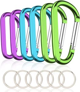 6PCS Big Size Black Carabiner Caribeaner Clip3" Large Aluminum D Ring Shape Carabeaner with 6PCS Keyring Keychain Hook