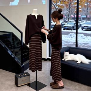 XUECAIQI | Elegant and Attractive Winter Set Fashion Knit Sweater Stripe Midi Skirt Combo