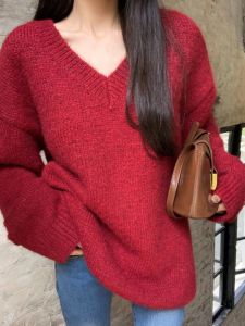 Retro Loose Lazy V-Neck Mid-Length Sweater Womens Atmosphere Christmas Red Slimming Meat Covering Knitted Top Women