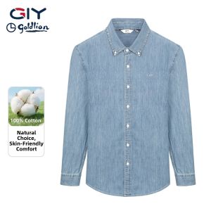 GYgoldlion | Cotton Long Sleeve Mens Denim Polo Shirt
