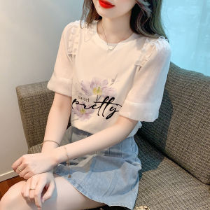 Summer Ladies White Chiffon Shirt Beautiful Fashionable New Style Short Sleeve Korean Version round Neck Bubble Sleeve Top