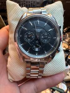 Đồng hồ nam hiệu Yves Bertelin Chrono Quartz size 395mm chạy full 6 kim 3 cốt 1 lịch kim 24hmặt đen full thép 100% đáy xoáy chống nước 10BARdây thép không gỉ dài 185cm