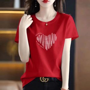 Big Sale Leak-Picking ~ Big Brand Womens Clothing Fashion Best-Seller Pure Cotton Short Sleeve T-Shirt Super Hot Heart Printing Loose All-Matching Top