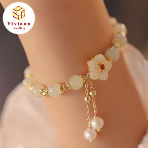 Viviann Original Flower Pearl Hetian Jade Bracelet For Women Girls Amulet Jewelry Mothers Day Gifts Gold Color Wrist Ladies Wear Jewelry Jade Beads Bracelet Exquisite Fine Women Luxury Jewelry Romantic Girl Gift