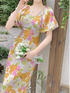 Elegant French Hepburn Style Floral Print Slimming Wrap Dress Womens Summer Dress V Neck Short Sleeve Unique Attractive