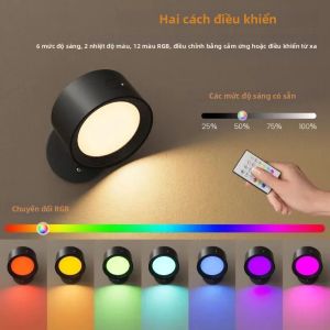 Đèn Ngủ LED RGB Có Thể Sạc Lại 9 Màu 360 °   Đèn Tường Xoay Được Có Điều Khiển Từ Xa Không Dây Cho Phòng Ngủ Phòng Đọc Sách Tại Nhà