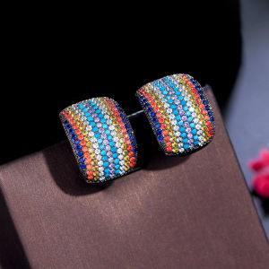 SEQUITO Indian Trendy Jewelry Full Micro Pave Mix Colorful AAA Zirconia with Frosted Blue Stone Black Gold Plated Semi-circle Round Hoop Earrings for Women SE647