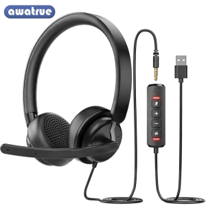 AWATRUE EH10 USB Headset for PC LaptopComputer Headset with Noise Canceling Mic in Line Mute ControlsWired Headset for Work