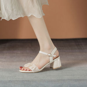 Leather Mid Heel Sandals Womens Chunky Heel 2023 Summer New Arrival Internet Celebrity Fashion Fairy Style with Skirt Buckle High Heels