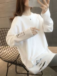 เสื้อยืดแขนยาวทรงหลวมสไตล์เกาหลีสำหรับผู้หญิงในช่วงฤดูใบไม้ผลิและฤดูร้อนปี 2021 เสื้อสเวตเตอร์สีขาวแบบยาวปานกลาง
