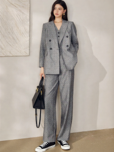 Roey s house | Womens Business Stripe Linen Double Breasted Loose Fit Suit Jacket
