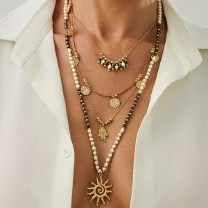 Salircon 2Pcs/set 2025 Vintage Metal Sun Coin Pendant Choker Necklace Women Boho Creative CCB Bead Clavicle Neck Wedding Jewelry