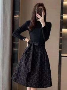 Black Long Sleeve A-Line Puffy Skirt Dress Womens Fashion Slimming High Waist Commute Style Korean Version Warm Autumn Winter New Arrival
