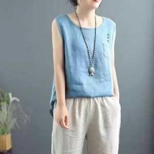 Retro Artistic Cotton Linen Sleeveless T-Shirt Womens Summer New Versatile Outerwear Vest Innerwear Base Shirt Top