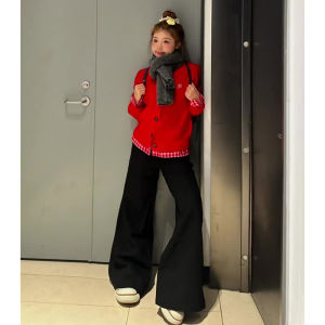 เสื้อคาร์ดิแกนถักสีแดงลายสก็อตสไตล์เกาหลีสำหรับผู้หญิง ฤดูใบไม้ร่วง 2025 ดีไซน์ใหม่ เสื้อคลุมกันหนาวแบบแยกชิ้นสองชิ้น แขนยาว ปกติ