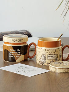 Nordic Retro Large Capacity Ceramic Mug with Lid for Office Women High Aesthetic Value Creative Couples Water Cup Geometric Pattern