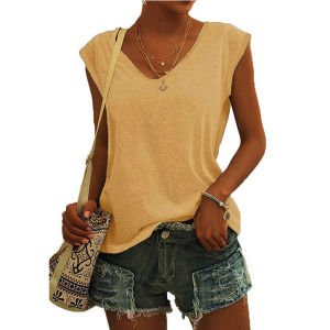Loose V-neck Sleeveless T-shirt Womens Solid Color Simple Style Casual Cotton Top Spring Autumn Season Ladies Fashion