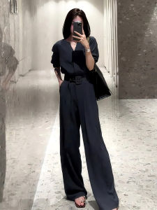 Fashionable V-Neck Long Sleeve Onesie High Waist Wide Leg Jumpsuit Set Womens Loose Fit Autumn Season New Arrival