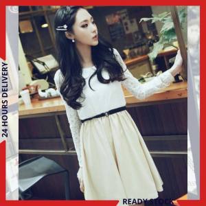 CFBOUTIQUE Korean Style Women Fashion Casual Lace Long Sleeve Summer Dress With Belt
