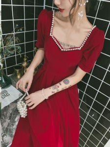 Elegant Simple Wedding Dress Evening Gown for Women mid Waist Pearl Embellished Zipper Style Short Sleeve Midi Length