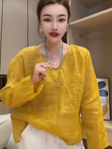 Elegant V-neck Long Sleeve Womens Shirt Lightweight Linen Sun Protection Casual Fashion Summer Trend Skin-friendly Breathable