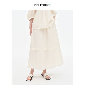 Elastic Waist Creased Blending Silk-Wool Skirt