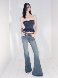 Showroom plus Early Autumn New Womens Casual Versatile Long Pants Washed Denim Bell Bottoms Cotton Stretch Youth Slim Fit