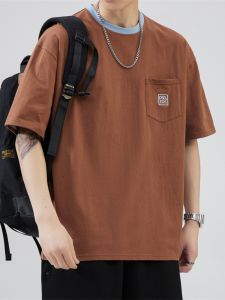 Pure Cotton Heavyweight Pocket T-Shirt Mens Short Sleeve Summer Thin Loose American Retro Half Sleeve Top Youth Fashion Shirt