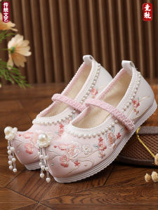 New 2025 Childrens Hanfu Shoes Embroidered Dance Shoes Upturned Toe Cotton Fabric National Style Shoes for Girls