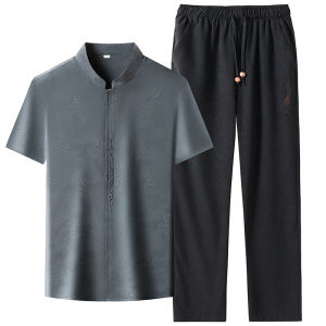 J&FO | Mandarin Collar Short Sleeve Shirt and Pants Set For Summer Occasions