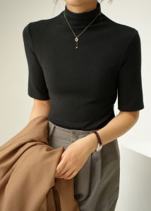 Soft Cozy Autumn Winter Beer Collar Five-Quarter Sleeve Ladies T-shirt Pure Color Base Shirt Casual Style Comfortable Fit