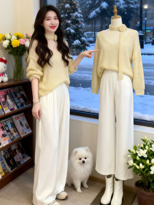 Shalldoer | Soft Style Yellow V-Neck Floral Ribbon Winter Sweater