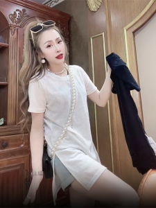 Slim Fit Mesh Short Sleeve T-Shirt Fashionable Korean Style mid Length Open Split Thin Material Womens Top for Spring Season