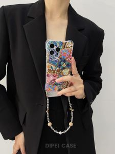 Chinese Ceramics Pattern Phone Case with Lanyard Creative Fashion Protective Cover for  15Plus Xiaomi 14 Crossbody Chain for Women