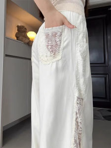 High Waist Lace Splicing Hollow out Wide Leg Summer Ice Silk Casual Pants Womens Fashionable Korean Style Straight Leg Trousers
