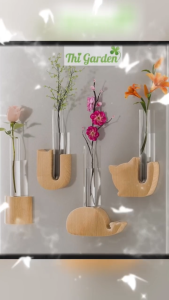 Lọ Hoa Thủy Sinh Từ Tính Thi Garden Bình Cắm Hoa Mini Có Nam Châm Hít Tủ Lạnh Khung Đế Bằng Gỗ Trồng Cây Trang Trí