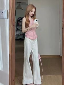 VKSOD | Áo len cardigan hở lưng phong cách Hàn Quốc cạp cao thon gọn quần ống rộng mùa hè cho nữ Bộ đồ hai mảnh cao cấp